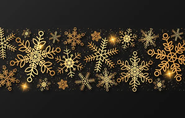 Picture winter, snowflakes, gold, New Year, Christmas, golden, black background, gold, black, Christmas, winter, background, New …