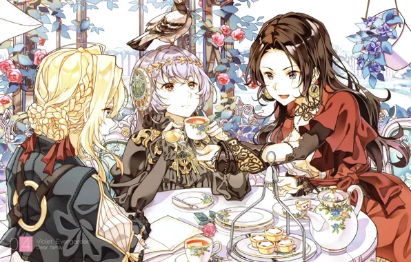 Picture dove, hairstyle, the tea party, sweets, plates, red dress, gazebo, set, treat, three girls, the …