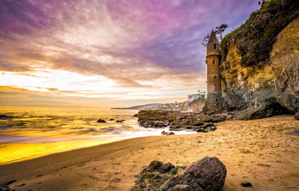 Picture beach, landscape, sunset, nature, stones, the ocean, rocks, shore, lighthouse, CA, USA, Victoria Beach