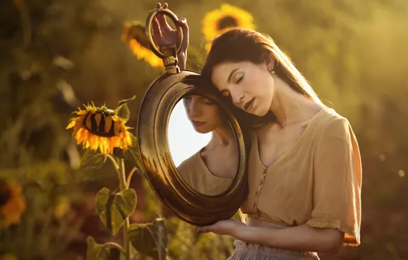 Picture summer, girl, sunflowers, mirror