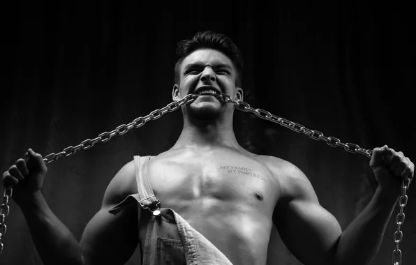 Picture background, black and white, chain, guy, monochrome, strongman, Женя Бердюгин, by Алексей Лозгачёв