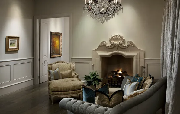 Picture design, room, sofa, interior, chair, pillow, chandelier, pictures, fireplace, apartment, living room, Drapes