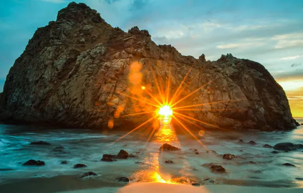 Picture beach, the sun, rays, landscape, nature, the ocean, rocks, CA, USA, bokeh, Pfeiffer Beach, Pfeiffer …