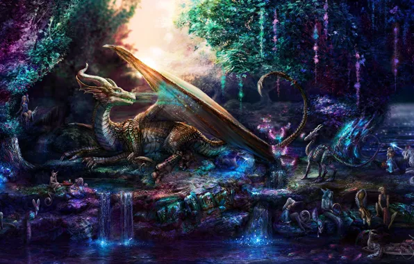 Picture dragon, mystic, elves, miracles, fairy forest, fawn