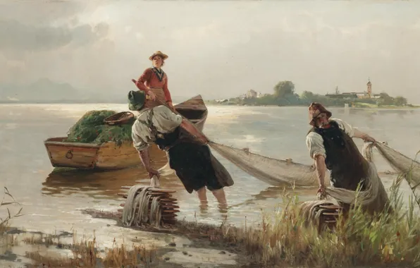 Picture 1880, German painter, German painter, oil on canvas, Carl Raup, Karl Raupp, Chiemseefischer, Fishermen on …