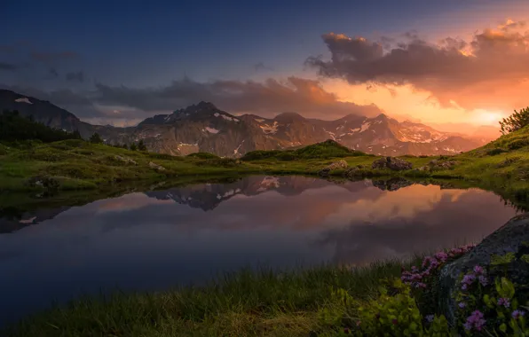 Picture the sky, sunset, mountains, lake, reflection, Friedrich Beren
