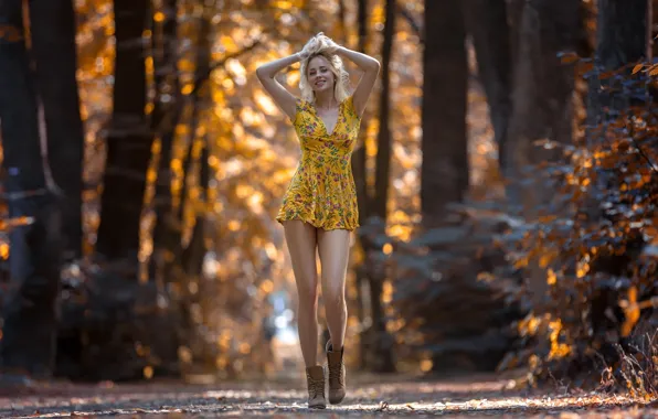 Picture forest, girl, bokeh, boots, Markus Hertzsch, yellow dress