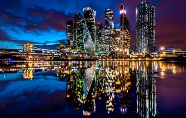 Picture reflection, river, building, home, Moscow, Russia, night city, skyscrapers, Moscow-City, The Moscow river, Sergey Sadov