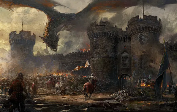 Picture fire, wall, fantasy, Dragon, soldiers, armor, smoke, army, horse, castle, weapons, artwork, fantasy art, victories, …