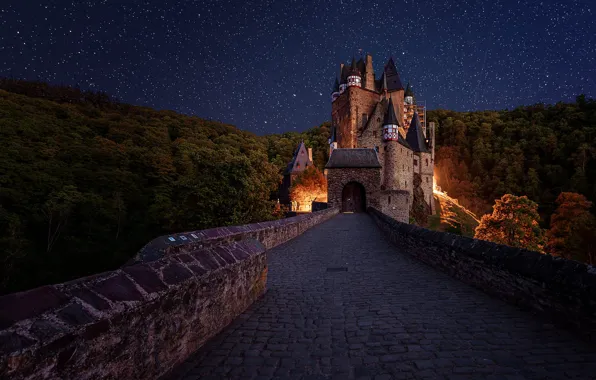 Picture road, forest, the sky, landscape, night, bridge, stars, Germany, lighting, ELTZ castle, Burg Eltz