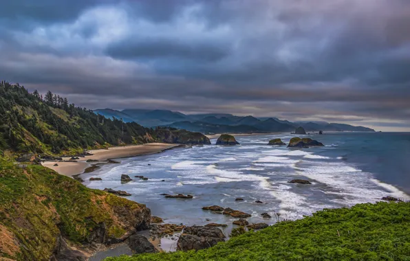 Picture landscape, clouds, nature, the ocean, coast, USA, United States, Oregon, Cannon Beach, Ecola State Park