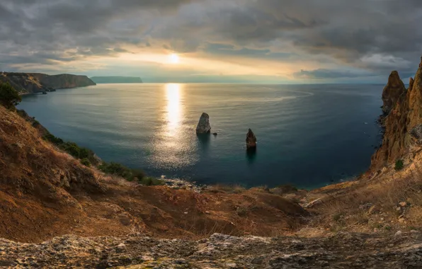 Picture sea, sunset, rocks, coast, Russia, Crimea, The black sea, Sevastopol, Cape Fiolent