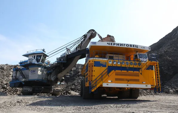 Picture photo, excavator, giants, dump truck, loading, the technological process, BelAZ