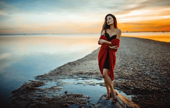 Picture the sky, water, sunset, pose, Girl, legs, Mikhail YEKIM