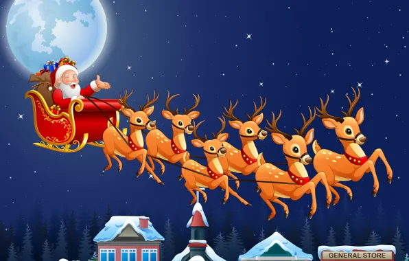 Picture photo, The sky, Night, Stars, The moon, Flight, New year, Deer, Santa Claus, Sleigh, Vector …