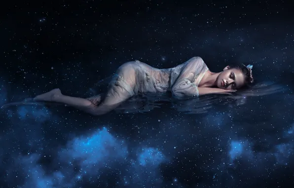 Picture water, space, stars, fatigue, sleep, makeup, space, white dress, water, stars, sleep, dip, sleeping beauty, …