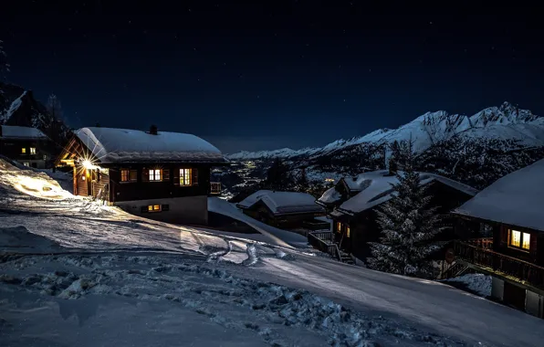 Picture winter, snow, landscape, mountains, night, nature, village, home, Switzerland, valley, lighting, Rosswald