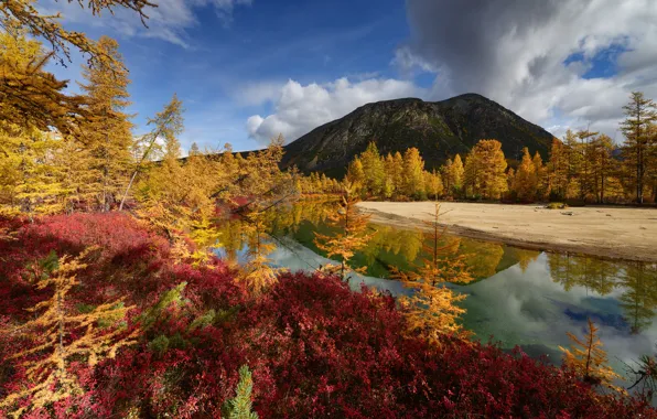 Picture autumn, clouds, landscape, nature, lake, vegetation, mountain, Kolyma, Maxim Evdokimov, the lake of Jack London