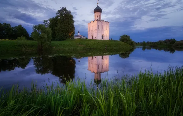 Picture summer, grass, trees, landscape, nature, reflection, river, the evening, Church, temple, Bank, Bogolyubovo, Nerl