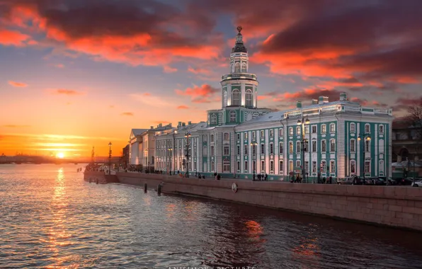 Picture sunset, river, building, home, Saint Petersburg, Russia, promenade, Cabinet of curiosities, The River Bolshaya Neva, …