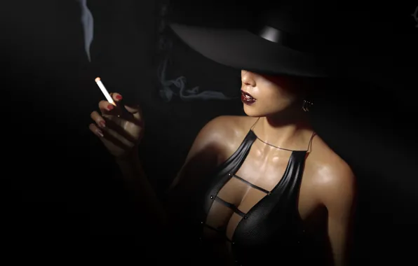 Picture girl, rendering, smoke, hat, black, cigarette, black background