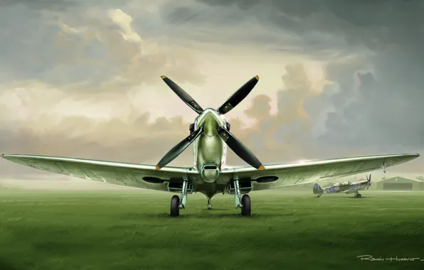 Picture grass, clouds, figure, fighter, the airfield, Spitfire, RAF, Supermarine, Romain Hugault