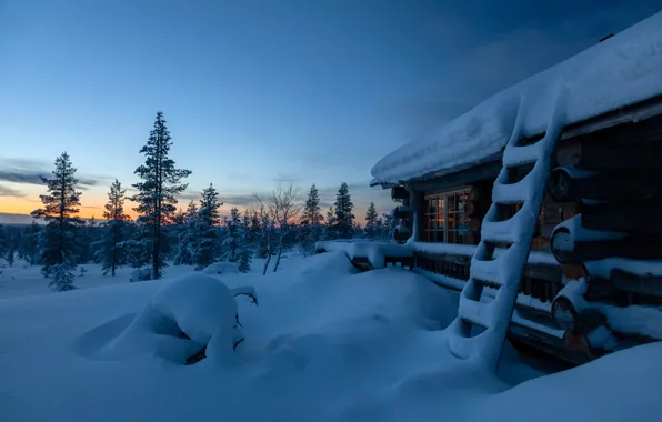 Picture winter, snow, trees, sunset, house, the evening, the snow, hut, Finland, Finland, Lapland, Lapland, Saariselkä, …