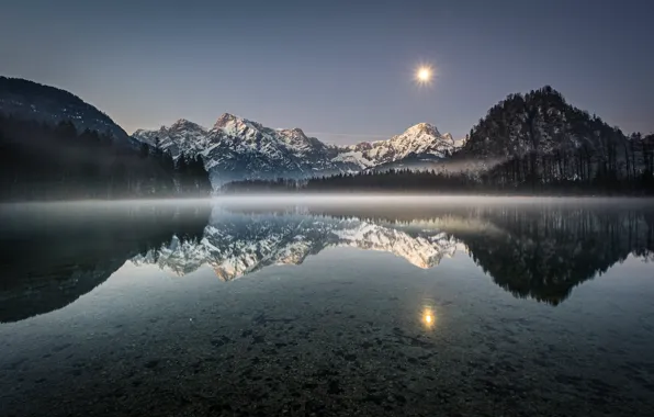 Picture mountains, lake, reflection, the moon, Austria, Alps, Austria, Alps, Almsee, Lake Else, Lake Alm, Lake …
