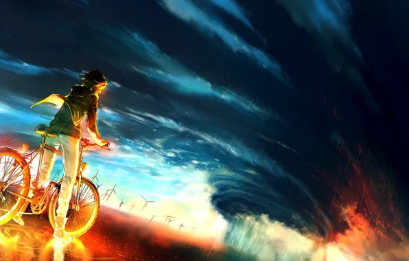 Picture the sky, bike, background, fire, storm, anime, fire, guy, storm, anime, boy, colour, epic