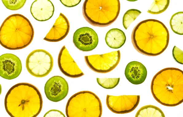 Picture white, background, lemon, orange, kiwi, citrus, lemon, fruit, slices, orange, fruits, kiwi