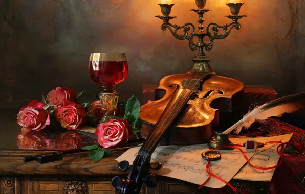 Picture flowers, style, notes, pen, violin, glass, roses, candles, still life, candle holder, Andrey Morozov