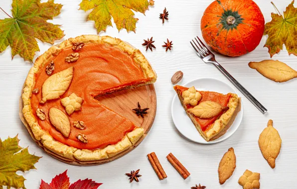 Picture autumn, leaves, pie, pumpkin, still life