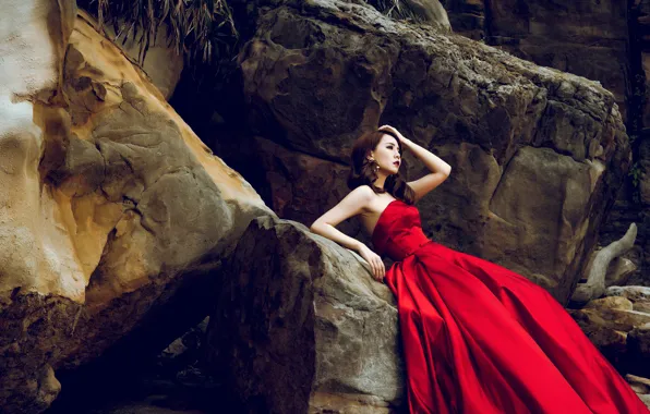 Picture look, girl, face, pose, stones, mood, rocks, plants, hands, Asian, sitting, red dress, huge, blocks