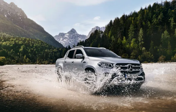 Picture water, mountains, squirt, Mercedes-Benz, pickup, 2018, X-Class, gray-silver