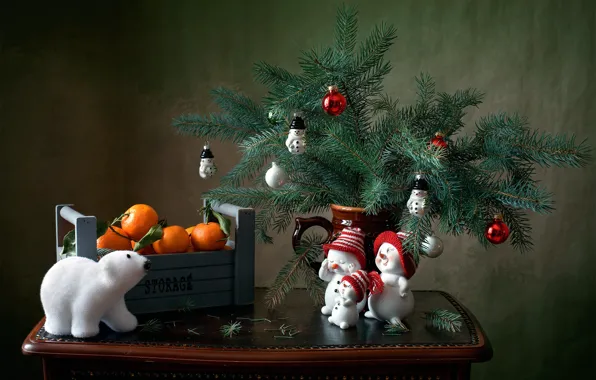 Picture branches, holiday, new year, bear, box, needles, table, Christmas decorations, tangerines, the snowmen