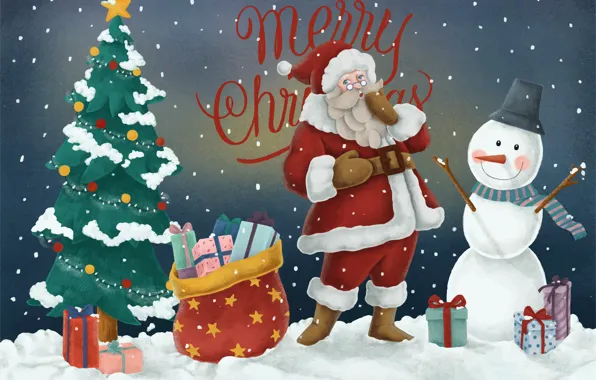 Picture Winter, Christmas, New year, Santa Claus, Merry Christmas, Gifts, Snowman, Christmas tree, Bag, Счастливого рождества