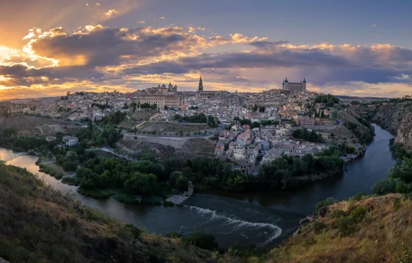 Picture the sky, the sun, clouds, landscape, sunset, the city, river, rocks, home, canyon, Spain, Toledo