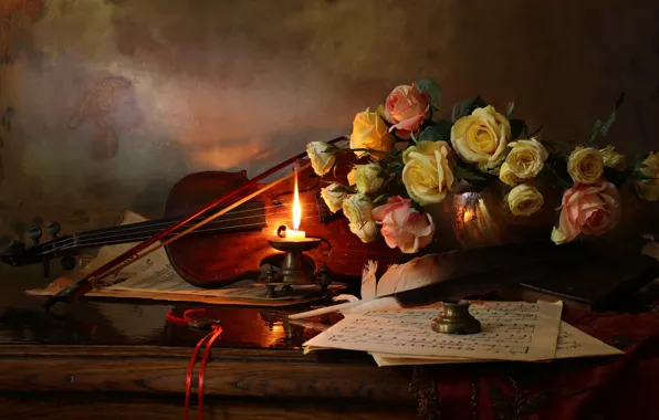 Picture flowers, style, notes, pen, violin, roses, candle
