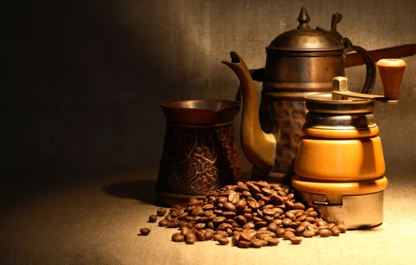 Picture light, coffee, kettle, twilight, grain, bokeh, coffee grinder