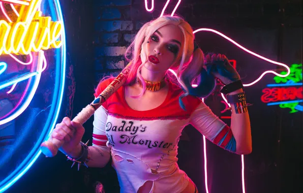 Picture girl, pose, neon, cosplay, baseball bat, Harley Quinn, Sergey Rodichkin