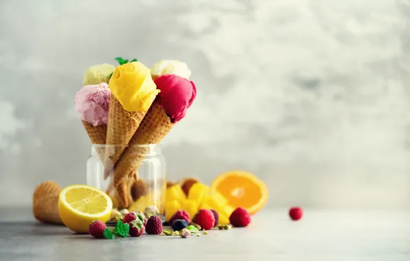 Picture berries, ice cream, horn, color, ice cream, DESSERT, waffle