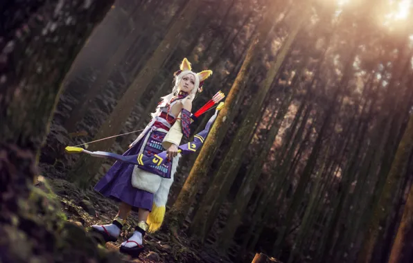 Picture forest, look, girl, light, trees, pose, style, weapons, lilac, trunks, hair, bow, hairstyle, blonde, costume, …