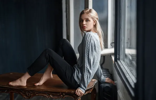Picture look, girl, pose, window, pants, sweater, on the table, Yuri Demidov