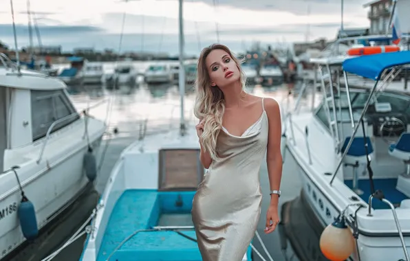 Picture girl, pose, yachts, figure, dress, blonde, boats, Gregory Levin, Anisa Burtseva