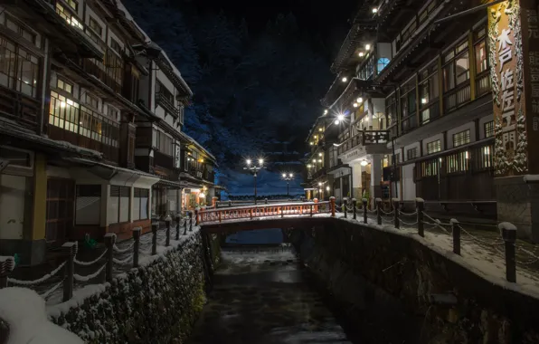 Picture winter, snow, night, home, Japan, lighting, lights, the bridge, hotels, Yamagata, Ginzan Hot Spring Bath