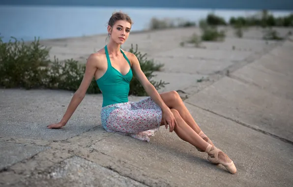 Picture look, sexy, pose, river, model, skirt, portrait, makeup, figure, hairstyle, legs, beauty, ballerina, sitting, promenade, …