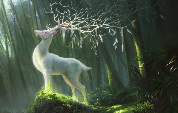 Picture fantasy, forest, horns, animal, digital art, artwork, branches, fantasy art, creature, illustration, Deer, white deer