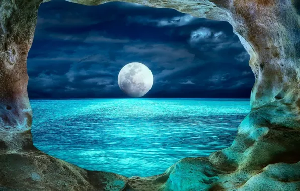 Picture landscape, night, the ocean, the moon, cave, moon, ocean, landscape, water, night, Bulgaria, cave, Bulgaria