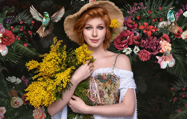 Picture look, girl, flowers, birds, face, hat, red, redhead, Mimosa, Anastasia Zhilina, Alexander Chuprina