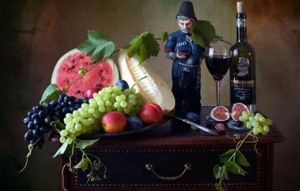 Picture wine, glass, bottle, watermelon, grapes, figurine, fruit, still life, melon, figs, Мила Миронова